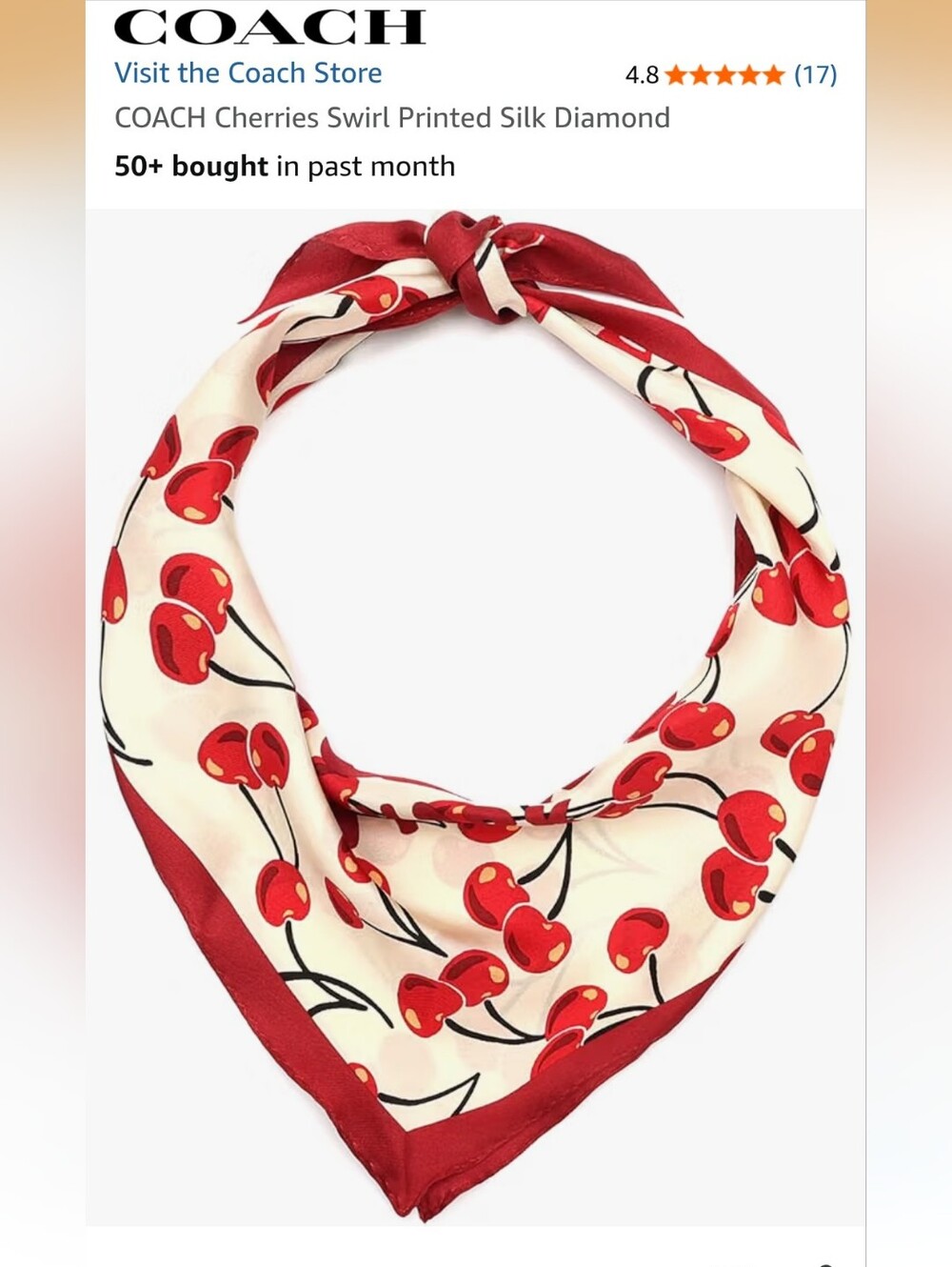COACH Cherries Swirl Printed 100% Silk Diamond New